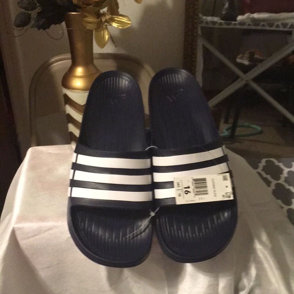 New adidas sliders blue& white size16